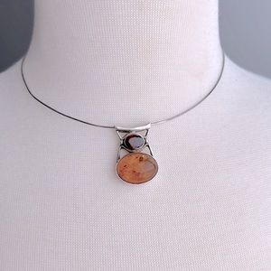 Sajen Amber & Red Garnet & 925 Sterling Silver Necklace Pendant Vintage Jewelry
